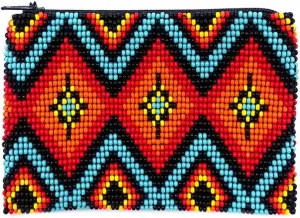 Native American Inspired Diamond Pattern Czech Glass Seed Beaded Coin Purse Zipper Pouch - Womens Fashion Handmade Bags Tribal Travel Accessories (Turquoise)