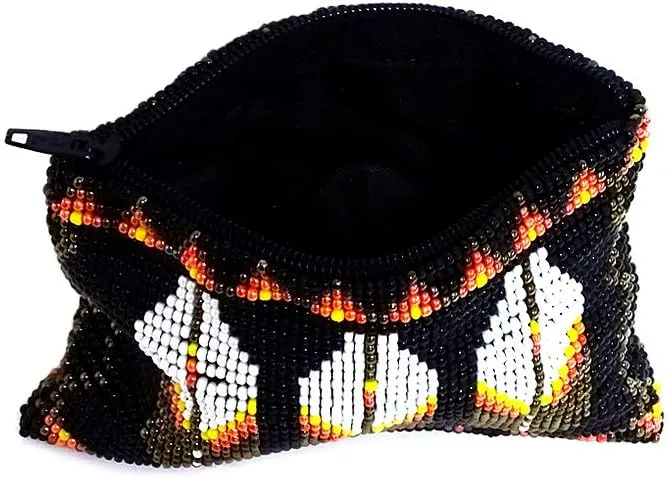 Native American Inspired Feather Czech Glass Seed Bead Coin Purse Pouch - Handmade Tribal Bags (Black)