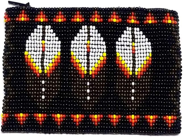 Native American Inspired Feather Czech Glass Seed Bead Coin Purse Pouch - Handmade Tribal Bags (Black)