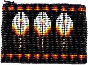 Native American Inspired Feather Czech Glass Seed Bead Coin Purse Pouch - Handmade Tribal Bags (Black)