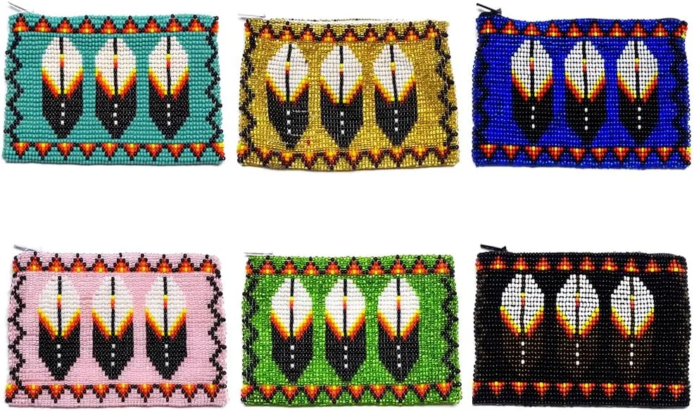 Native American Inspired Feather Czech Glass Seed Bead Coin Purse Pouch - Handmade Tribal Bags (Black)