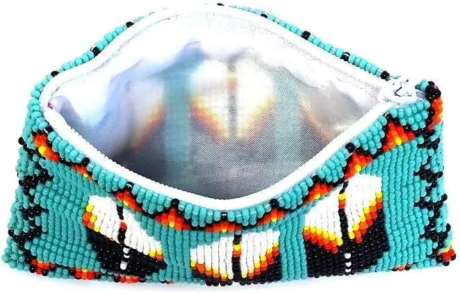 Native American Inspired Feather Czech Glass Seed Bead Coin Purse Pouch - Handmade Tribal Bags (Turquoise)