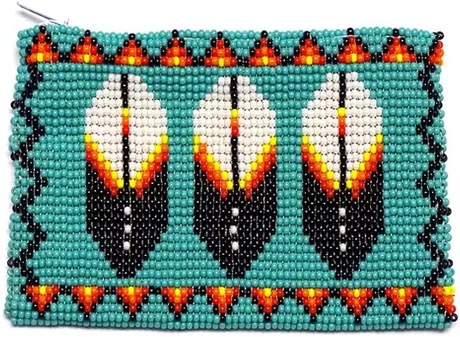 Native American Inspired Feather Czech Glass Seed Bead Coin Purse Pouch - Handmade Tribal Bags (Turquoise)
