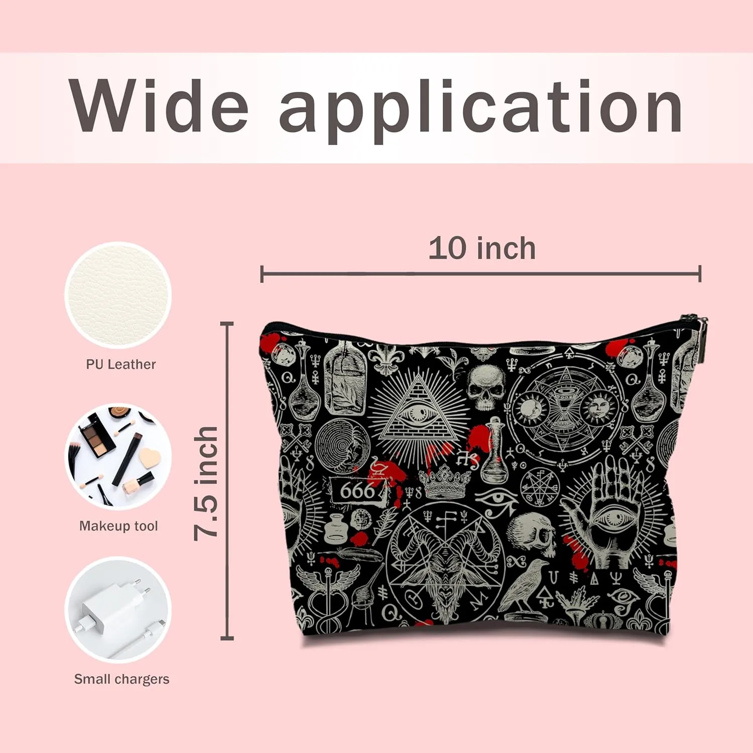Nogrit Gothic Black Makeup Bag, Halloween Gifts for Women, Retro Small Cosmetic Bag for Purse, PU