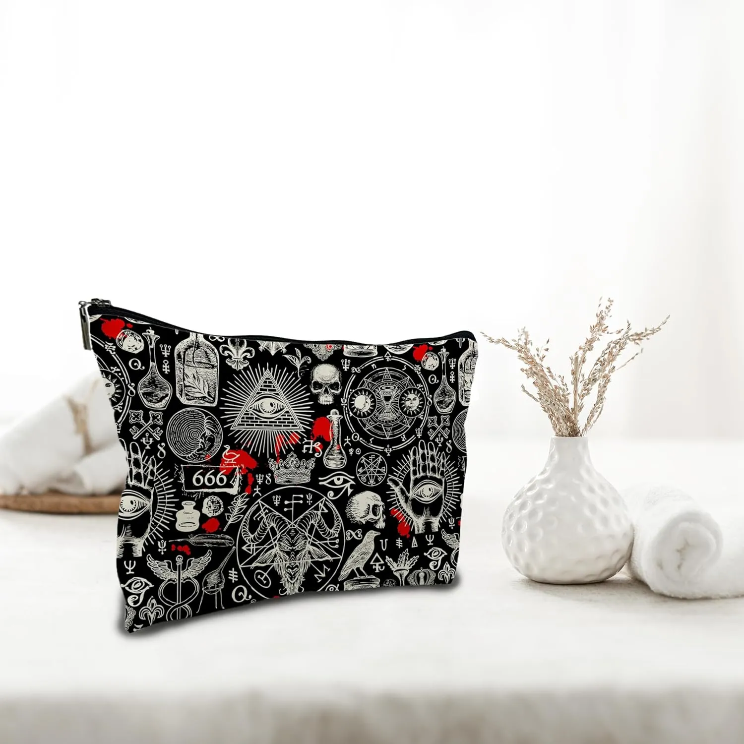 Nogrit Gothic Black Makeup Bag, Halloween Gifts for Women, Retro Small Cosmetic Bag for Purse, PU