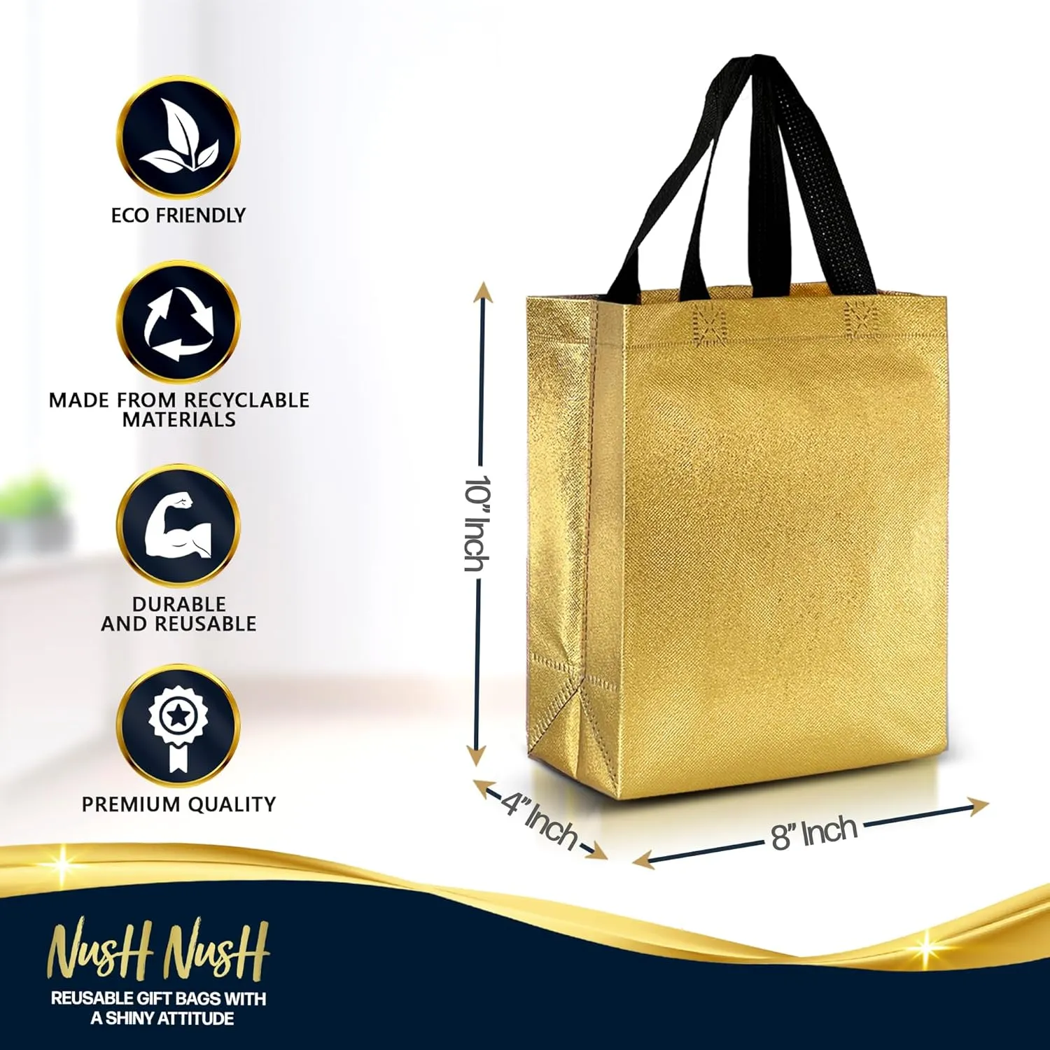 Nush Nush Set of 60 Gold Gift Bags in Bulk, Reusable With Black Handles, Medium Size, Perfect As Goodie/Birthday Gift Bags, Party Favor Bags, 8Wx4Dx10H Size