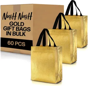 Nush Nush Set of 60 Gold Gift Bags in Bulk, Reusable With Black Handles, Medium Size, Perfect As Goodie/Birthday Gift Bags, Party Favor Bags, 8Wx4Dx10H Size
