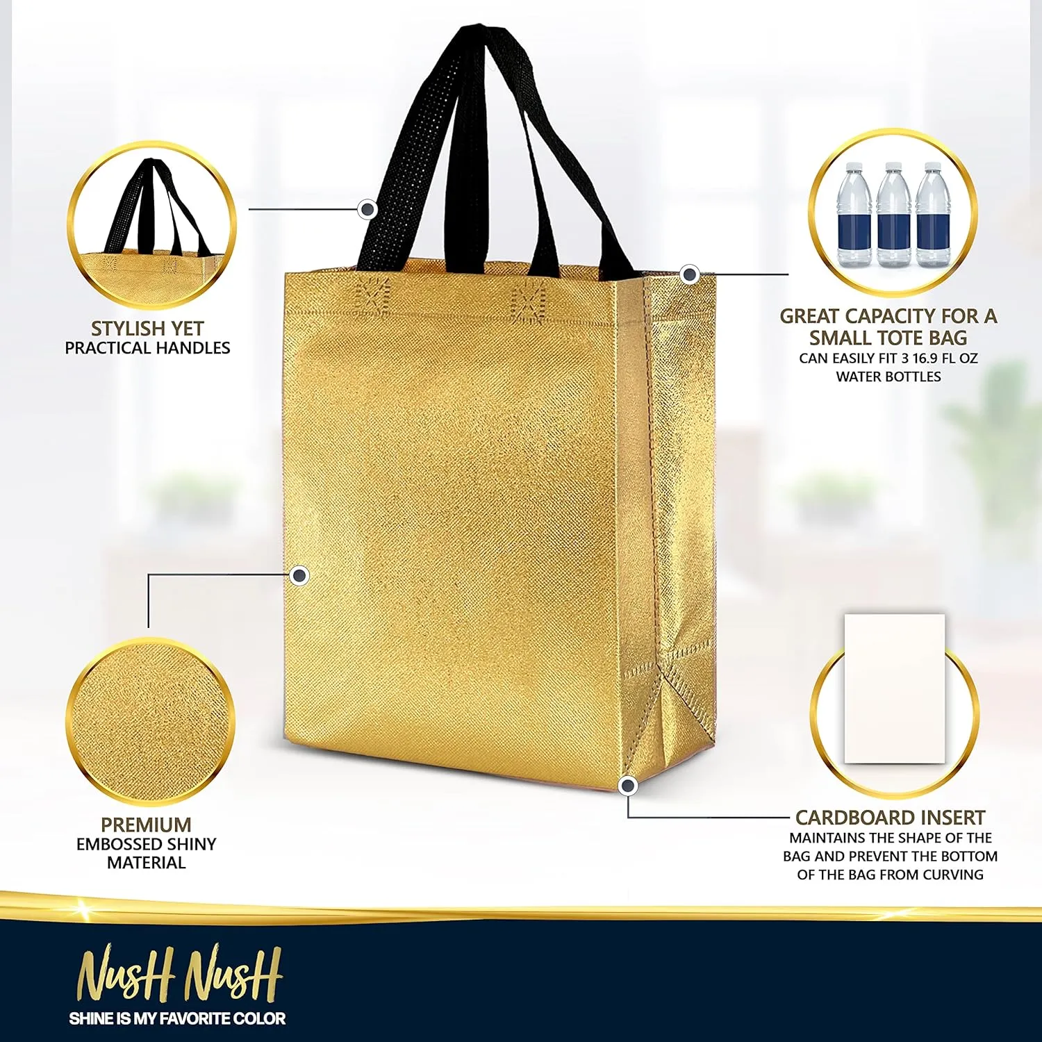 Nush Nush Set of 60 Gold Gift Bags in Bulk, Reusable With Black Handles, Medium Size, Perfect As Goodie/Birthday Gift Bags, Party Favor Bags, 8Wx4Dx10H Size