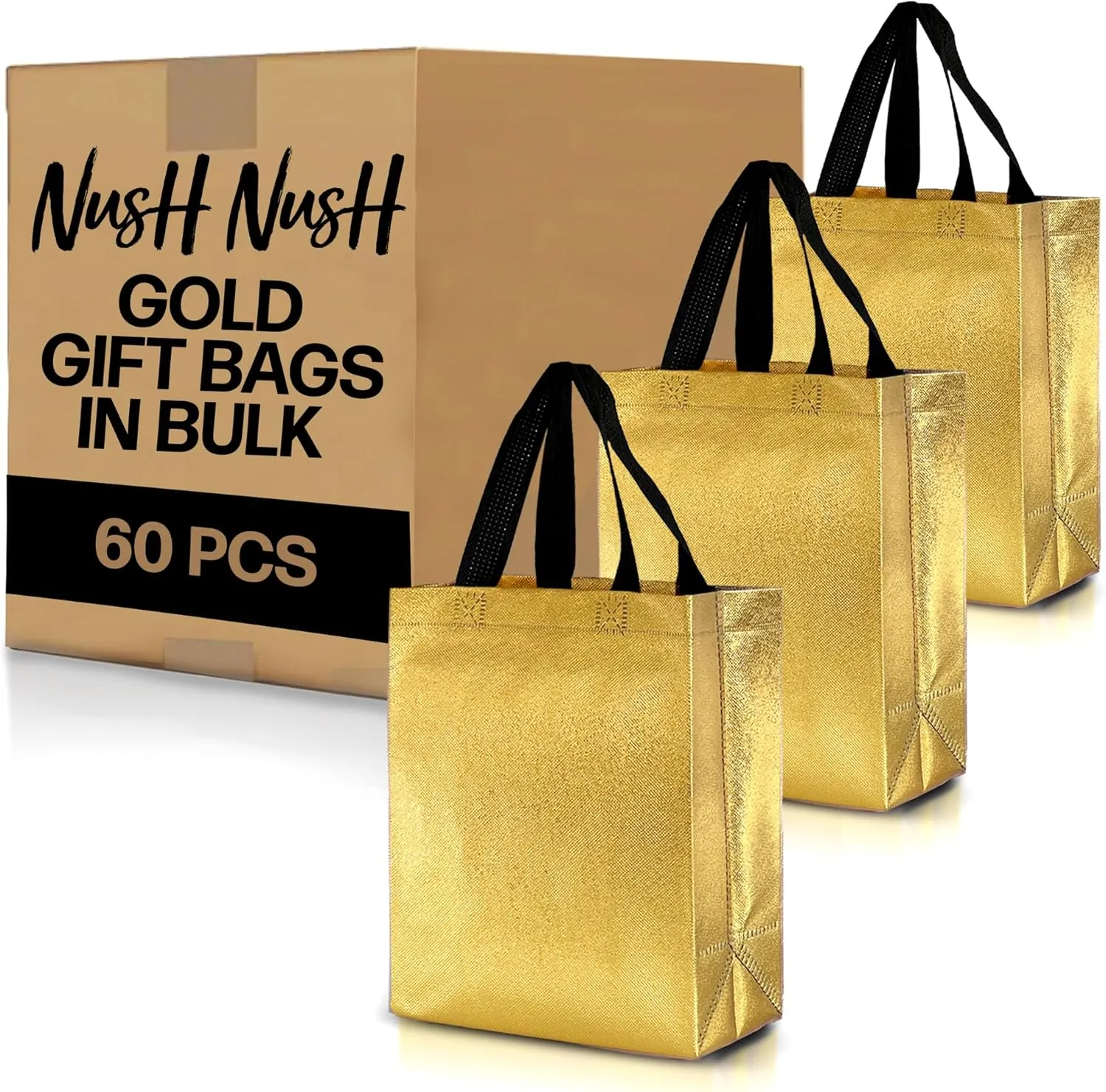 Nush Nush Set of 60 Gold Gift Bags in Bulk, Reusable With Black Handles, Medium Size, Perfect As Goodie/Birthday Gift Bags, Party Favor Bags, 8Wx4Dx10H Size