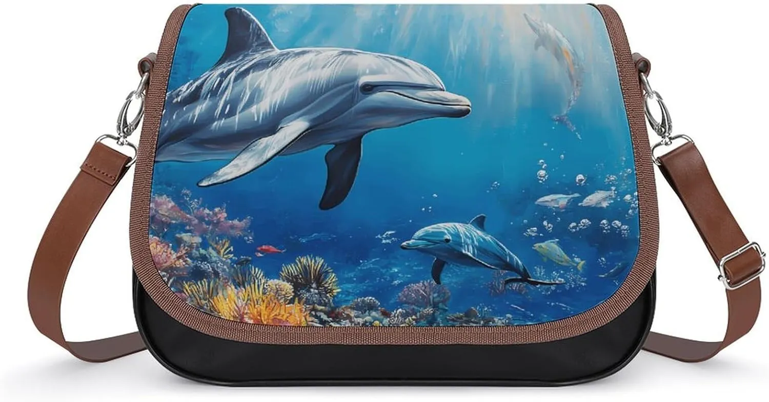 Ocean Dolphins Coral Tropical Fish Crossbody Bags for Women Shoulder Bag Flap Handbags Leather Cross Body Purse