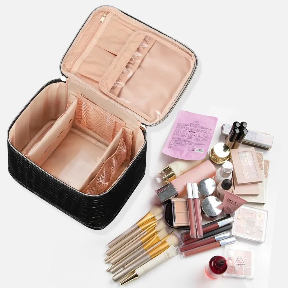 OCHEAL Travel Makeup Bag, Cosmetic Bags for Women Makeup Case Organizer Large Capacity Travel Toiletry Bag Storage Bags with Divider and Handle for Cosmetics Toiletries Brushes Tools-Black