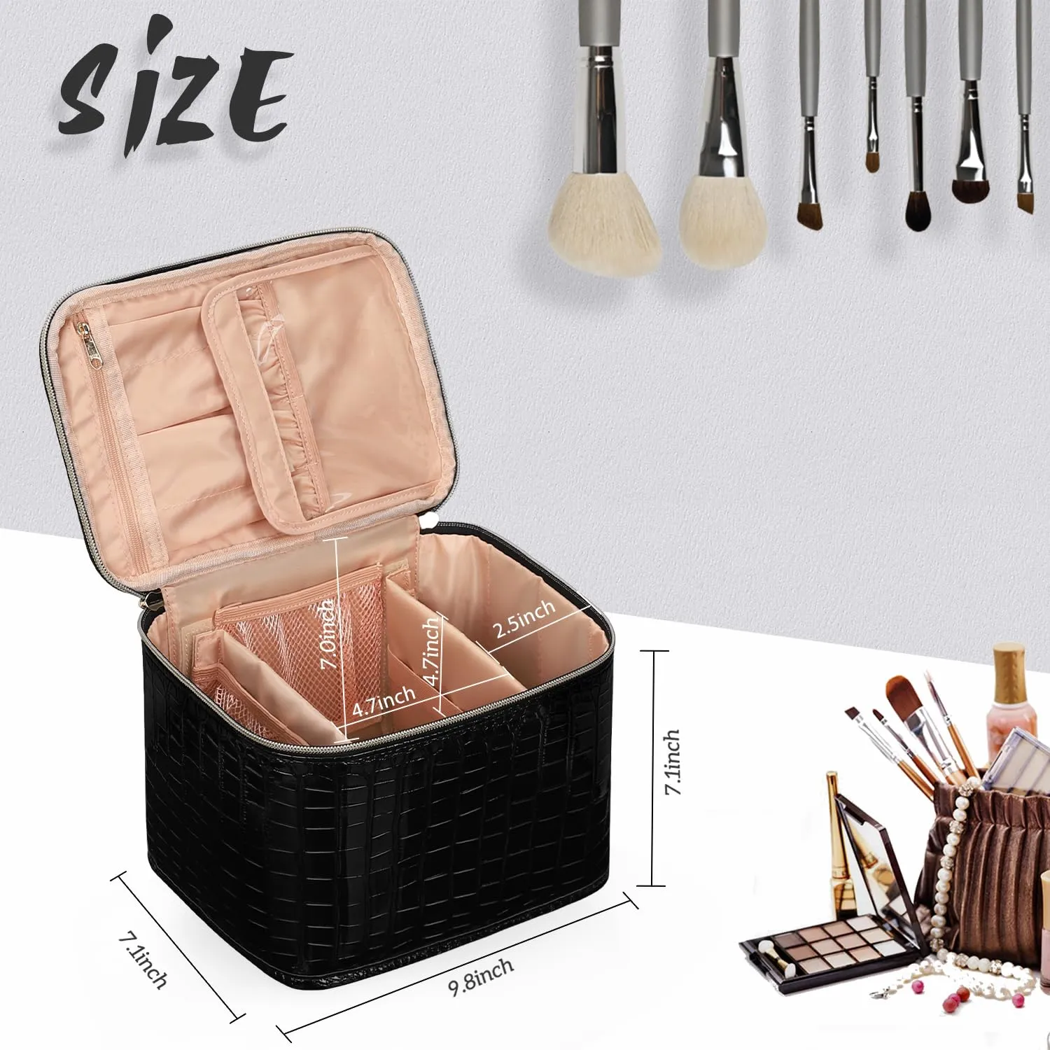 OCHEAL Travel Makeup Bag, Cosmetic Bags for Women Makeup Case Organizer Large Capacity Travel Toiletry Bag Storage Bags with Divider and Handle for Cosmetics Toiletries Brushes Tools-Black