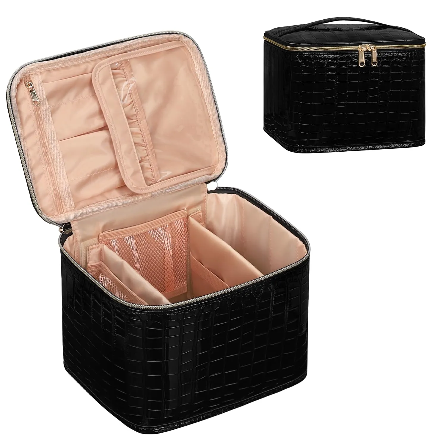 OCHEAL Travel Makeup Bag, Cosmetic Bags for Women Makeup Case Organizer Large Capacity Travel Toiletry Bag Storage Bags with Divider and Handle for Cosmetics Toiletries Brushes Tools-Black