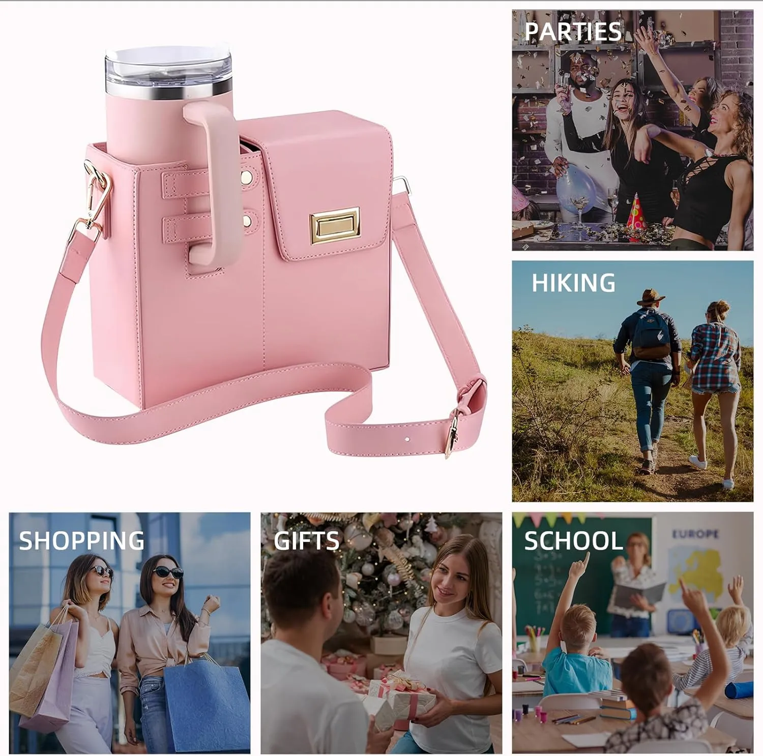 Outdoor Portable Crossbody Water Cup Storage Bag,Wear-Resistant Water Bottle Bag for Stanley 40 oz Tumble.Crossbody Bags for Women, Multifunctional Adjustable Shoulder Strap (pink)