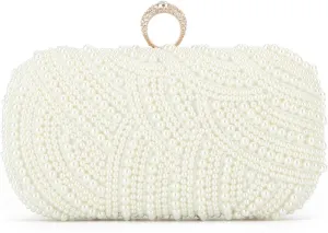 Oweisong Pearl Clutch Purses for Women Wedding Ivory Bridal Evening Bag Formal Party White Beaded Shoulder Handbag