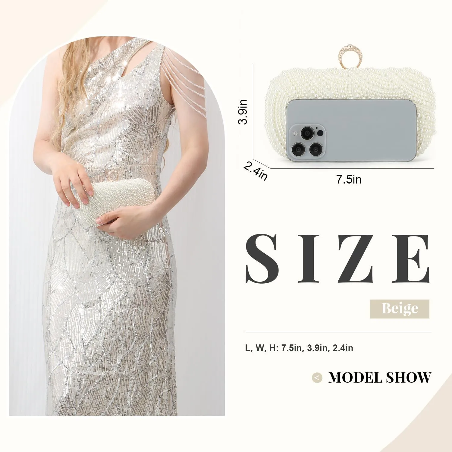 Oweisong Pearl Clutch Purses for Women Wedding Ivory Bridal Evening Bag Formal Party White Beaded Shoulder Handbag
