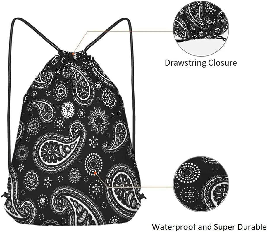 Paisley Pattern Drawstring Bags Backpack Bag Black White Floral Ethnic Asian Art Seamless Pattern Sport Gym Sack Drawstring Bag String Bag Yoga Bag for Men Women