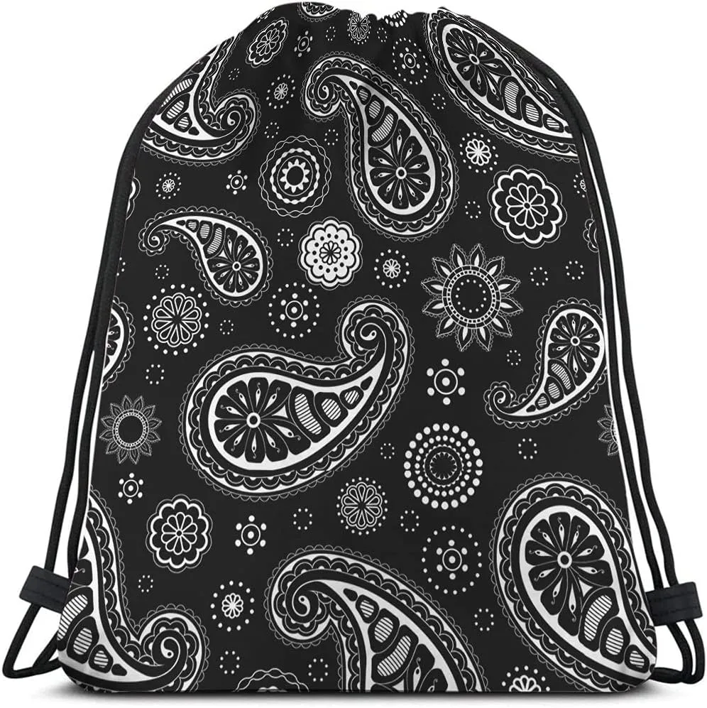 Paisley Pattern Drawstring Bags Backpack Bag Black White Floral Ethnic Asian Art Seamless Pattern Sport Gym Sack Drawstring Bag String Bag Yoga Bag for Men Women