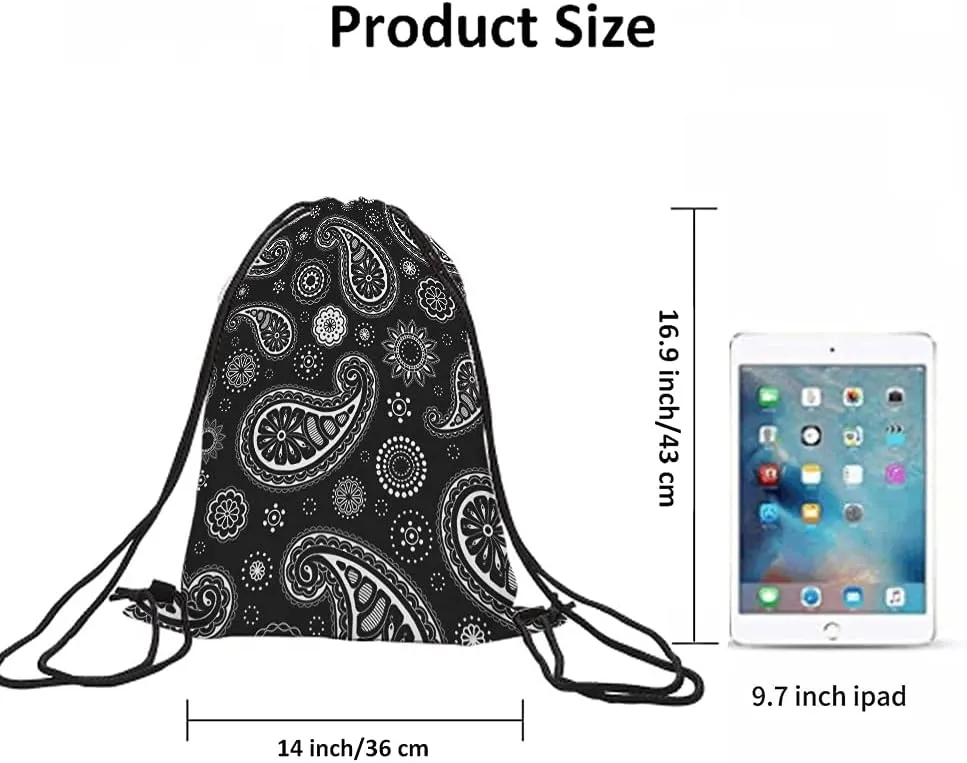 Paisley Pattern Drawstring Bags Backpack Bag Black White Floral Ethnic Asian Art Seamless Pattern Sport Gym Sack Drawstring Bag String Bag Yoga Bag for Men Women