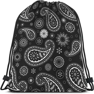 Paisley Pattern Drawstring Bags Backpack Bag Black White Floral Ethnic Asian Art Seamless Pattern Sport Gym Sack Drawstring Bag String Bag Yoga Bag for Men Women