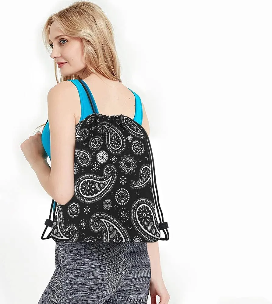 Paisley Pattern Drawstring Bags Backpack Bag Black White Floral Ethnic Asian Art Seamless Pattern Sport Gym Sack Drawstring Bag String Bag Yoga Bag for Men Women