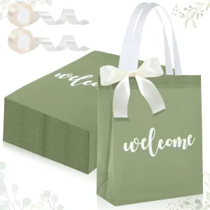 party greeting 50 Pack Sage Green Welcome Bags for Wedding Guests Gift Bags Welcome Wedding bag Non-Woven Bags Bulk with Handle and Ribbon Bow for Party Birthday Baby Shower