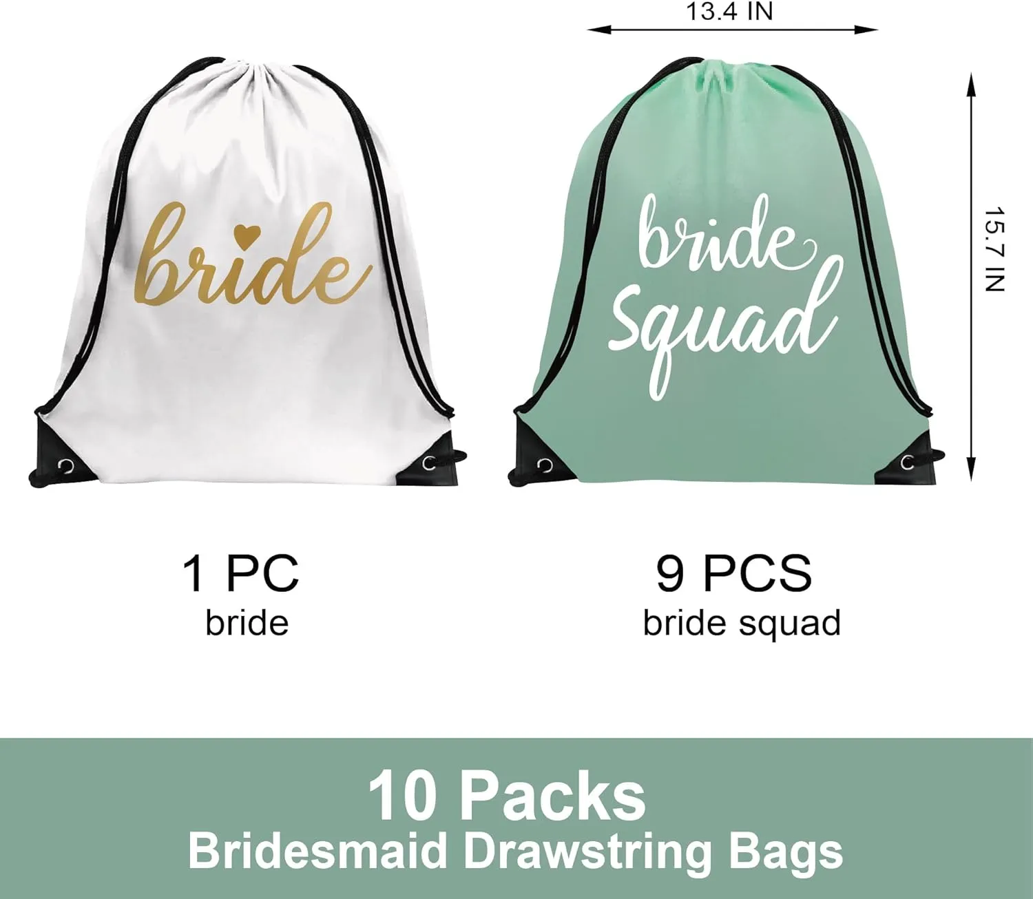 PartyGifts&beyond Bridesmaid Gift Drawstring Bags 10Packs Bride Squad Gift Bags for Bachelorette Party Bridal Drawstring Bags for Wedding Gifts(Sage Green)
