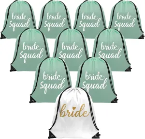 PartyGifts&beyond Bridesmaid Gift Drawstring Bags 10Packs Bride Squad Gift Bags for Bachelorette Party Bridal Drawstring Bags for Wedding Gifts(Sage Green)