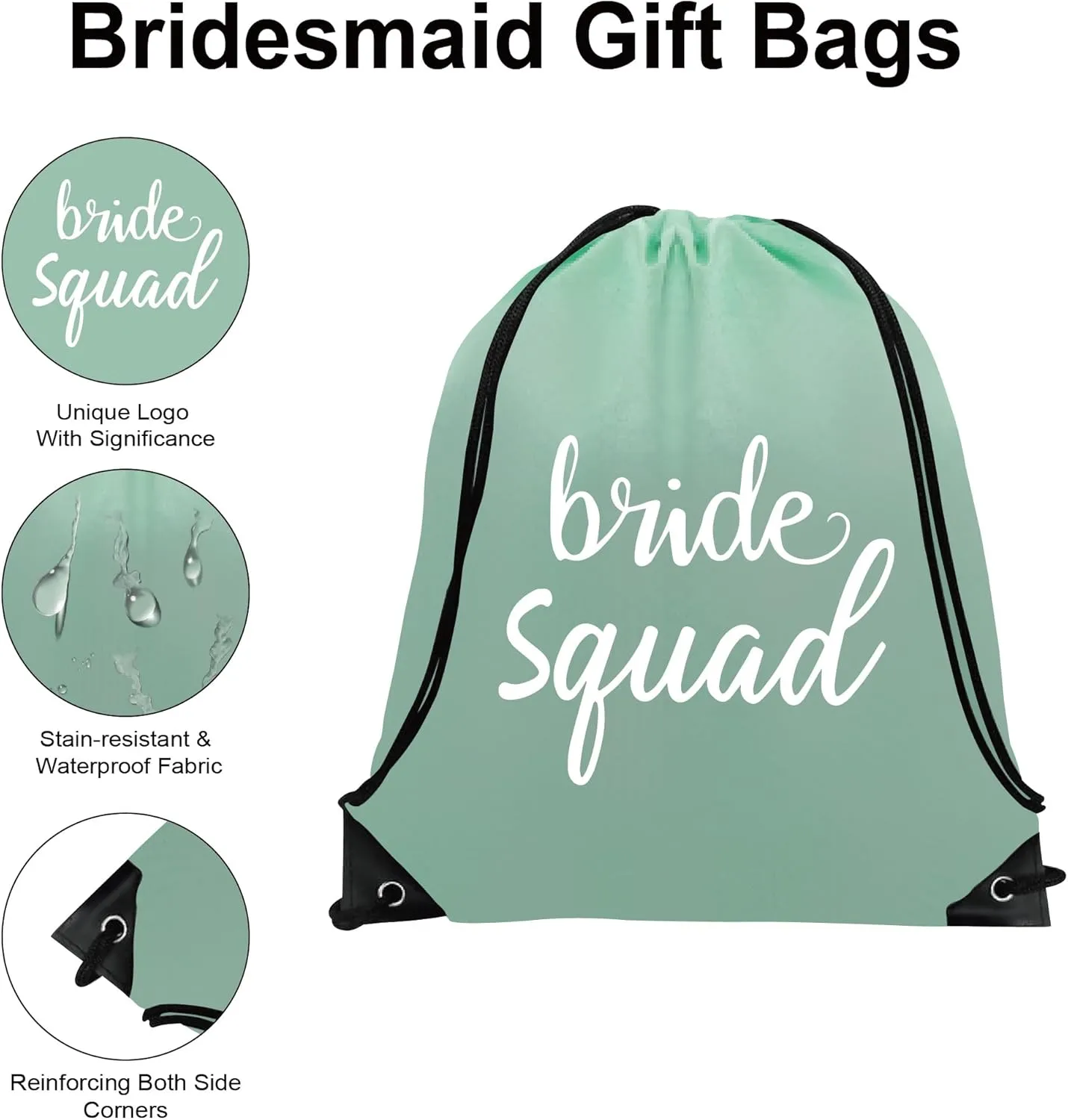 PartyGifts&beyond Bridesmaid Gift Drawstring Bags 10Packs Bride Squad Gift Bags for Bachelorette Party Bridal Drawstring Bags for Wedding Gifts(Sage Green)