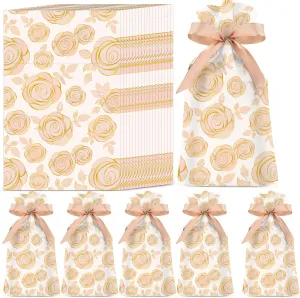 Pasimy 50 Pcs Rose Gift Bags Flower Candy Champagne Purple Drawstring Plastic Treat Flower Favor Bags for Women Girl Birthday Party Supplies(Rose Gold)
