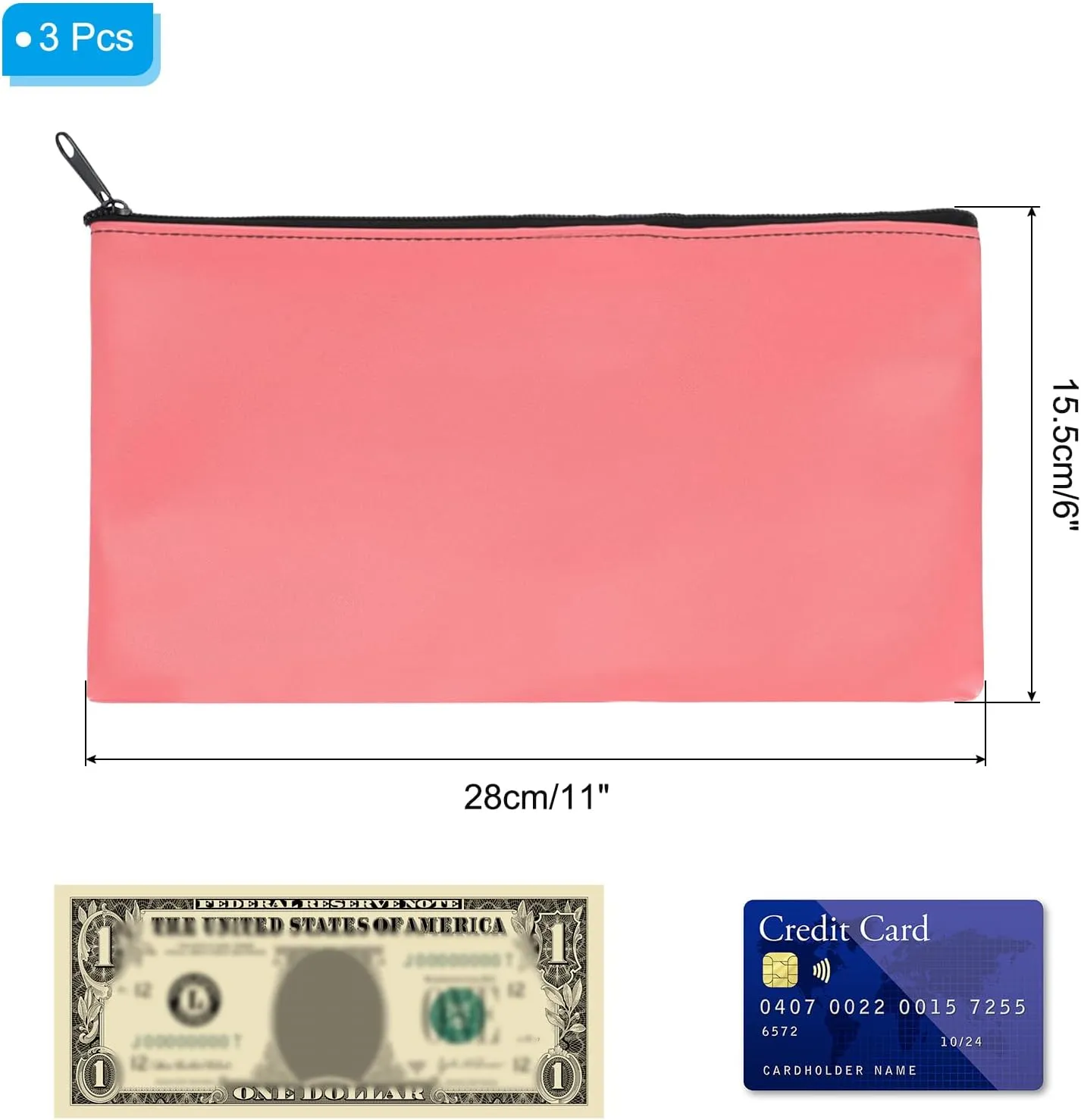PATIKIL 11"x 6" Bank Deposit Bag, 3Pcs Money Bag Bank Bag Security Money Pouch Receipt Holder for Tickets Coin Makeup Cosmetics Bills, Bright Pink