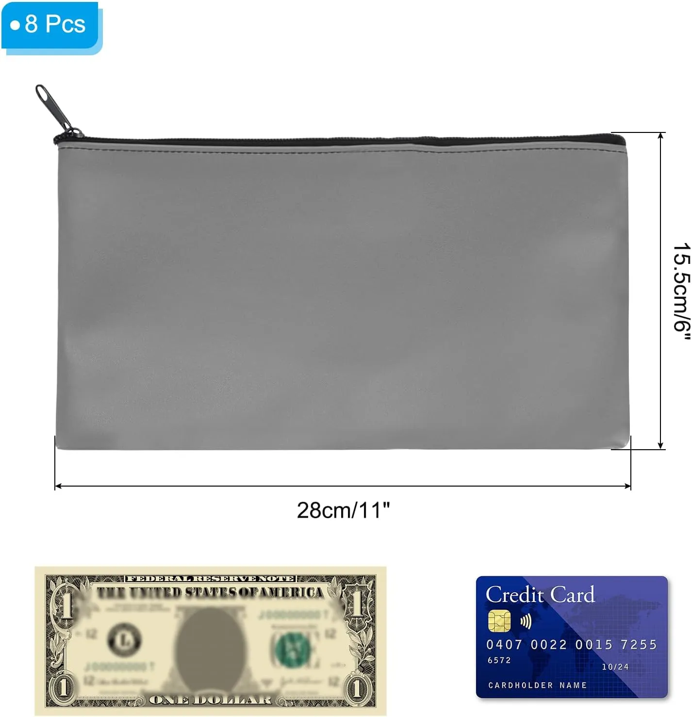 PATIKIL 11"x 6" Bank Deposit Bag, 8Pcs Money Bag Bank Bag Security Money Pouch Receipt Holder for Tickets Coin Makeup Cosmetics Bills, Gray