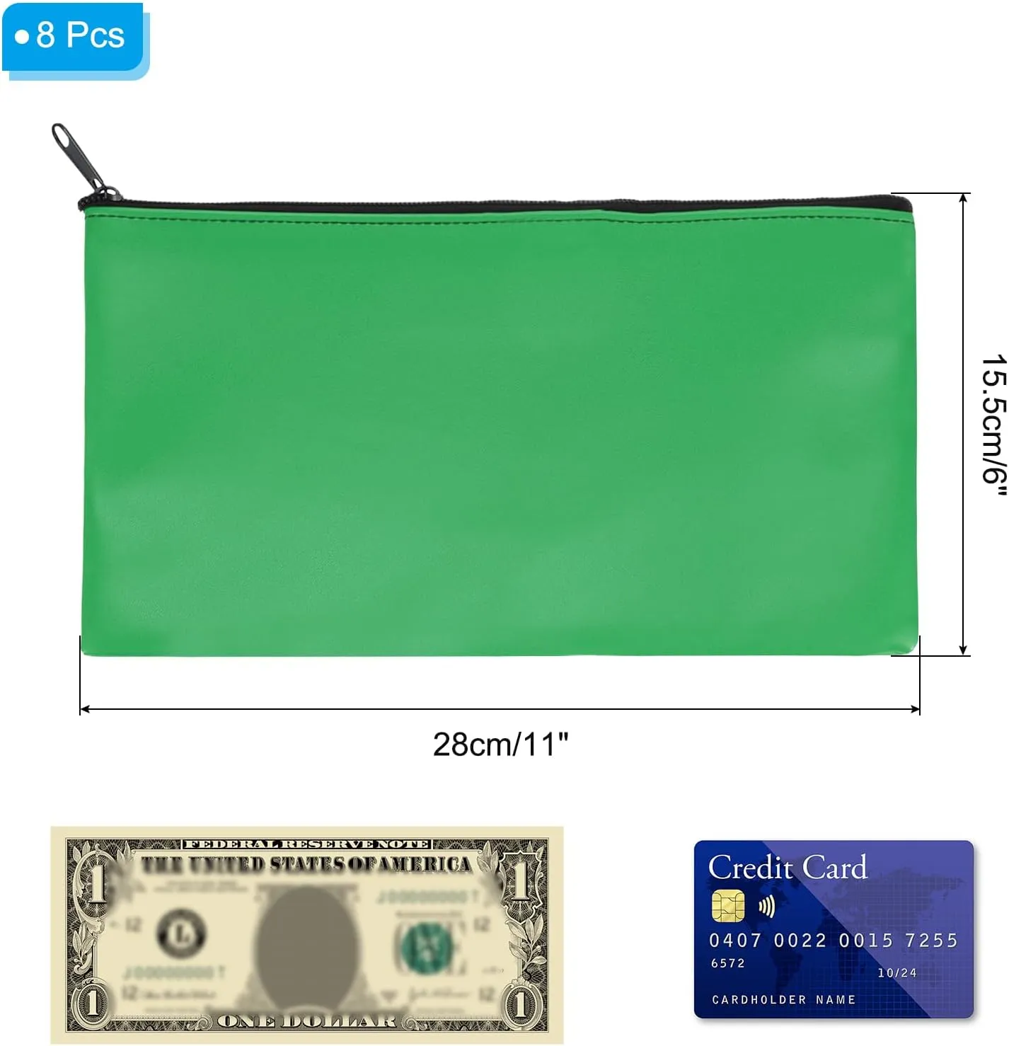 PATIKIL 11"x 6" Bank Deposit Bag, 8Pcs Money Bag Bank Bag Security Money Pouch Receipt Holder for Tickets Coin Makeup Cosmetics Bills, Green