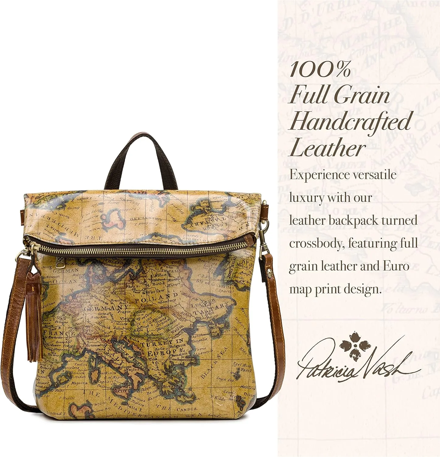 Patricia Nash Luzille 100% Full Grain Leather Backpack for Women - Convertible Backpack Tote - Genuine Leather BackPack Purse/Crossbody, Euro Map O/S