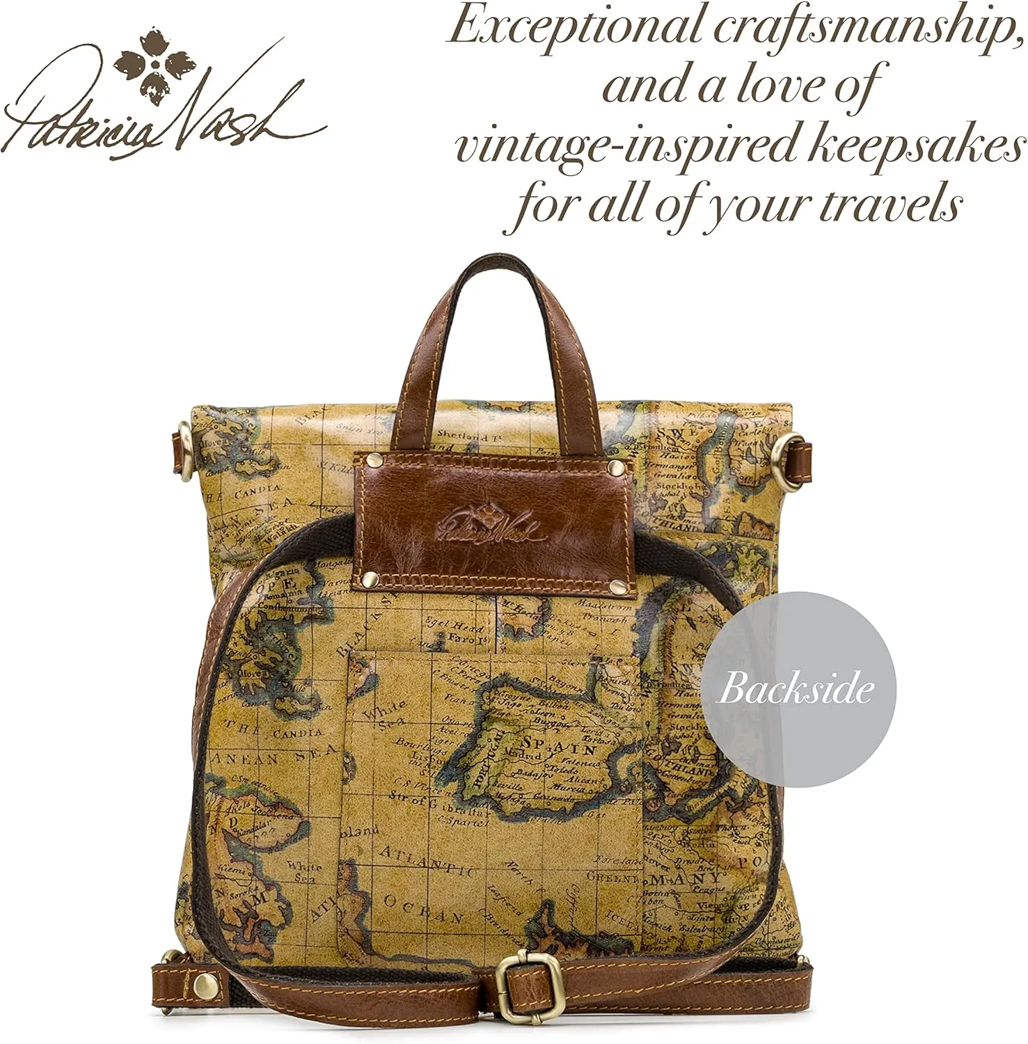 Patricia Nash Luzille 100% Full Grain Leather Backpack for Women - Convertible Backpack Tote - Genuine Leather BackPack Purse/Crossbody, Euro Map O/S