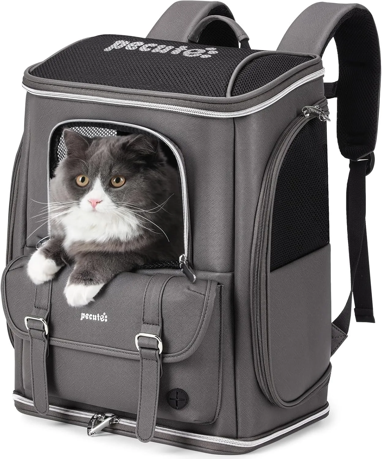 Pecute Cat Backpack Carrier,Anti-Gravity 30% Energy Saving, Dog Backpack with Waterproof PU Leather, Cat Carrier for Small Dog,Suitable for Climbing, Hiking, Traveling, Gray