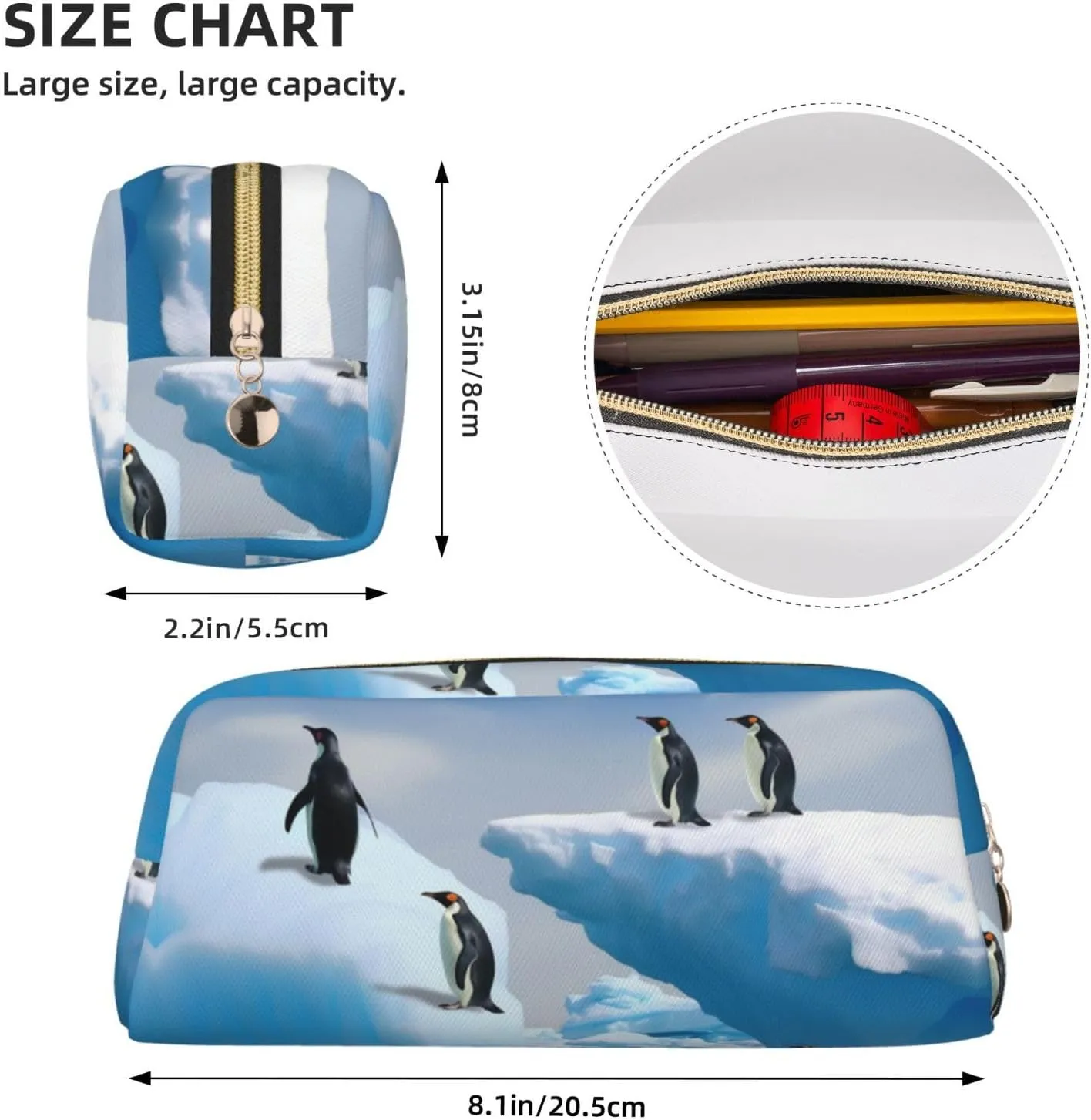Penguins On The Iceberg Makeup Bag for Women Men Pencil Pouch Travel Small Cosmetic Bag Zippered Toiletry Bags Aesthetic Pen Bags Trendy Storage Bags Leather Coin Pouch Purse
