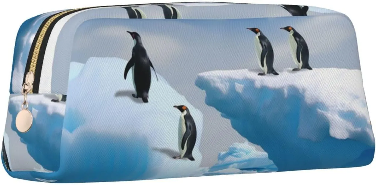 Penguins On The Iceberg Makeup Bag for Women Men Pencil Pouch Travel Small Cosmetic Bag Zippered Toiletry Bags Aesthetic Pen Bags Trendy Storage Bags Leather Coin Pouch Purse