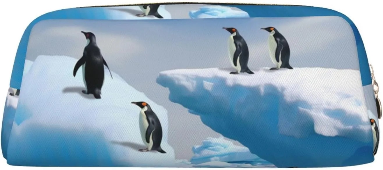Penguins On The Iceberg Makeup Bag for Women Men Pencil Pouch Travel Small Cosmetic Bag Zippered Toiletry Bags Aesthetic Pen Bags Trendy Storage Bags Leather Coin Pouch Purse