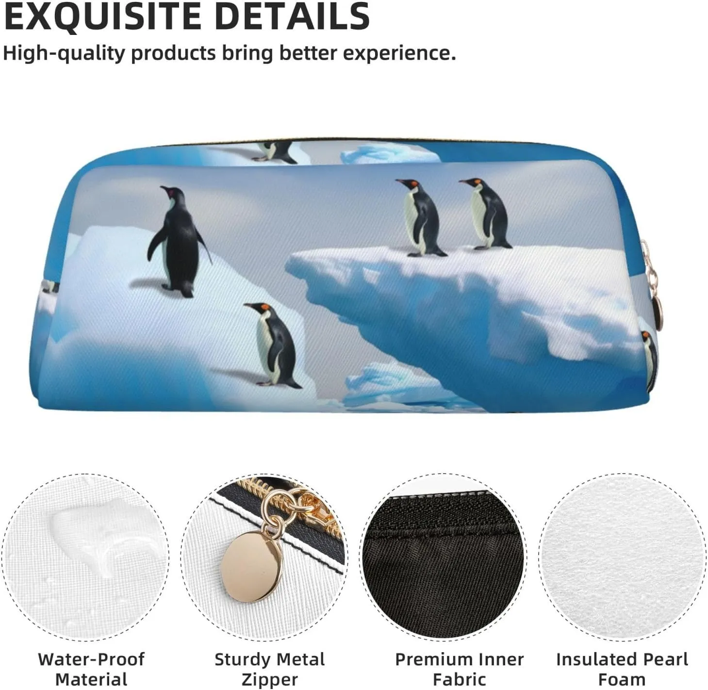 Penguins On The Iceberg Makeup Bag for Women Men Pencil Pouch Travel Small Cosmetic Bag Zippered Toiletry Bags Aesthetic Pen Bags Trendy Storage Bags Leather Coin Pouch Purse