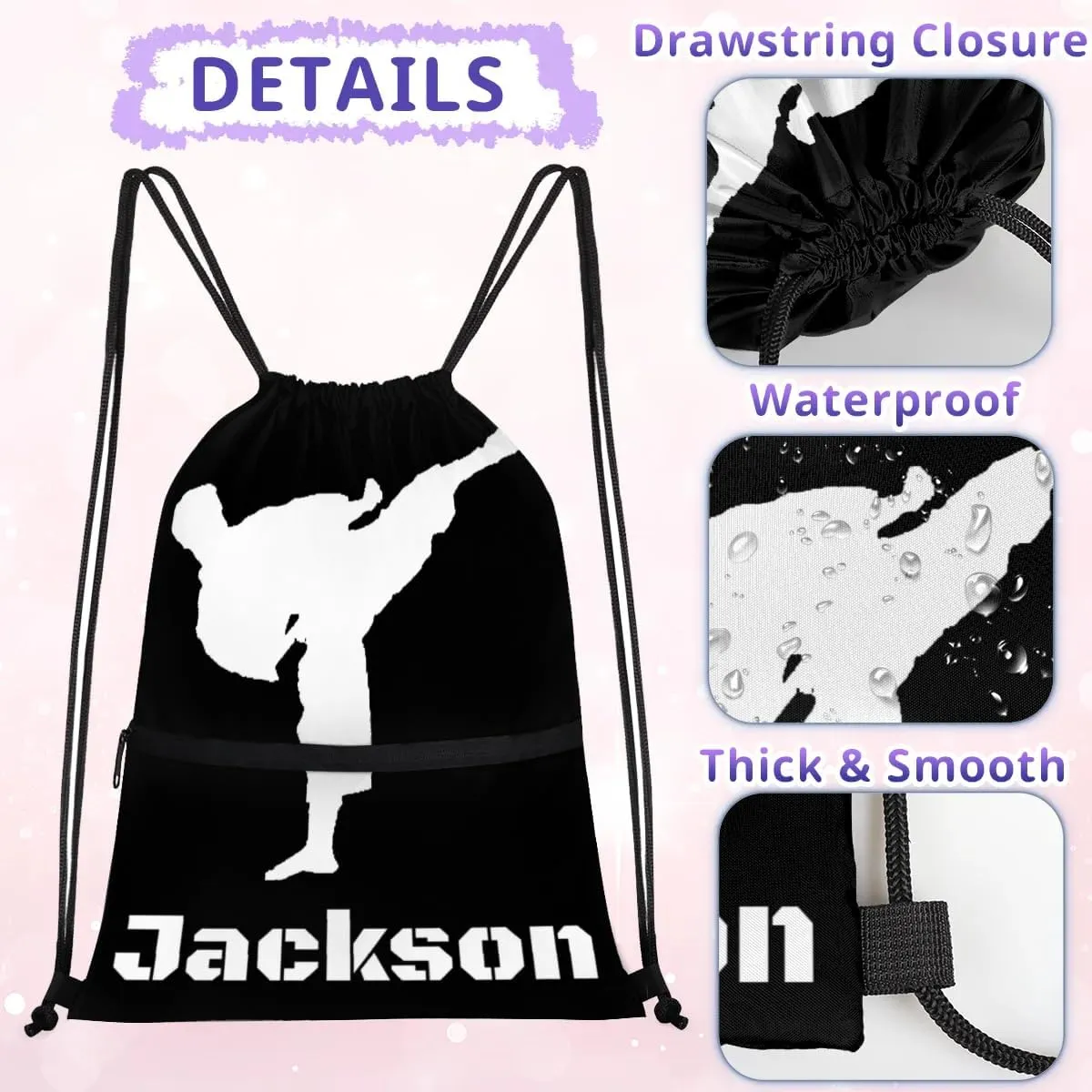 Personalized Martial Art Drawstring Bags Drawstring Backpack for Kids, Taekwondo Karate Drawstring Bags for Boys Girls Kicking