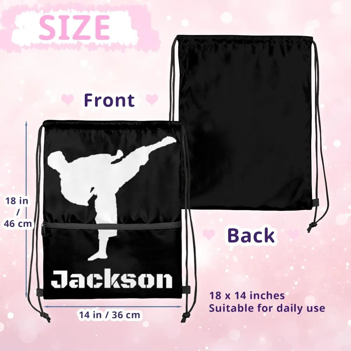 Personalized Martial Art Drawstring Bags Drawstring Backpack for Kids, Taekwondo Karate Drawstring Bags for Boys Girls Kicking