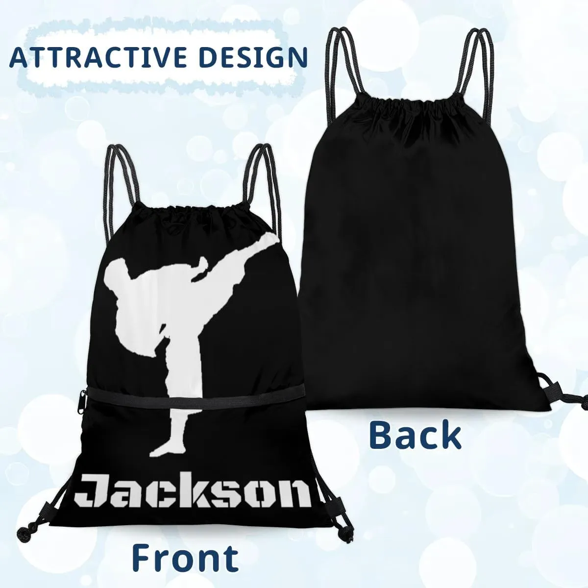 Personalized Martial Art Drawstring Bags Drawstring Backpack for Kids, Taekwondo Karate Drawstring Bags for Boys Girls Kicking
