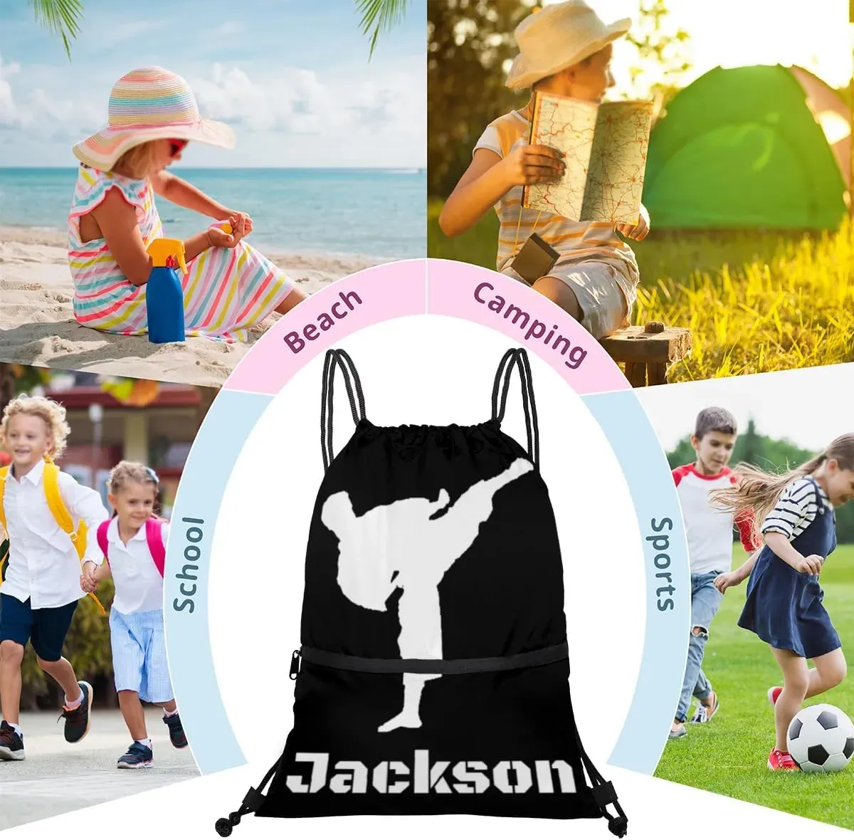 Personalized Martial Art Drawstring Bags Drawstring Backpack for Kids, Taekwondo Karate Drawstring Bags for Boys Girls Kicking