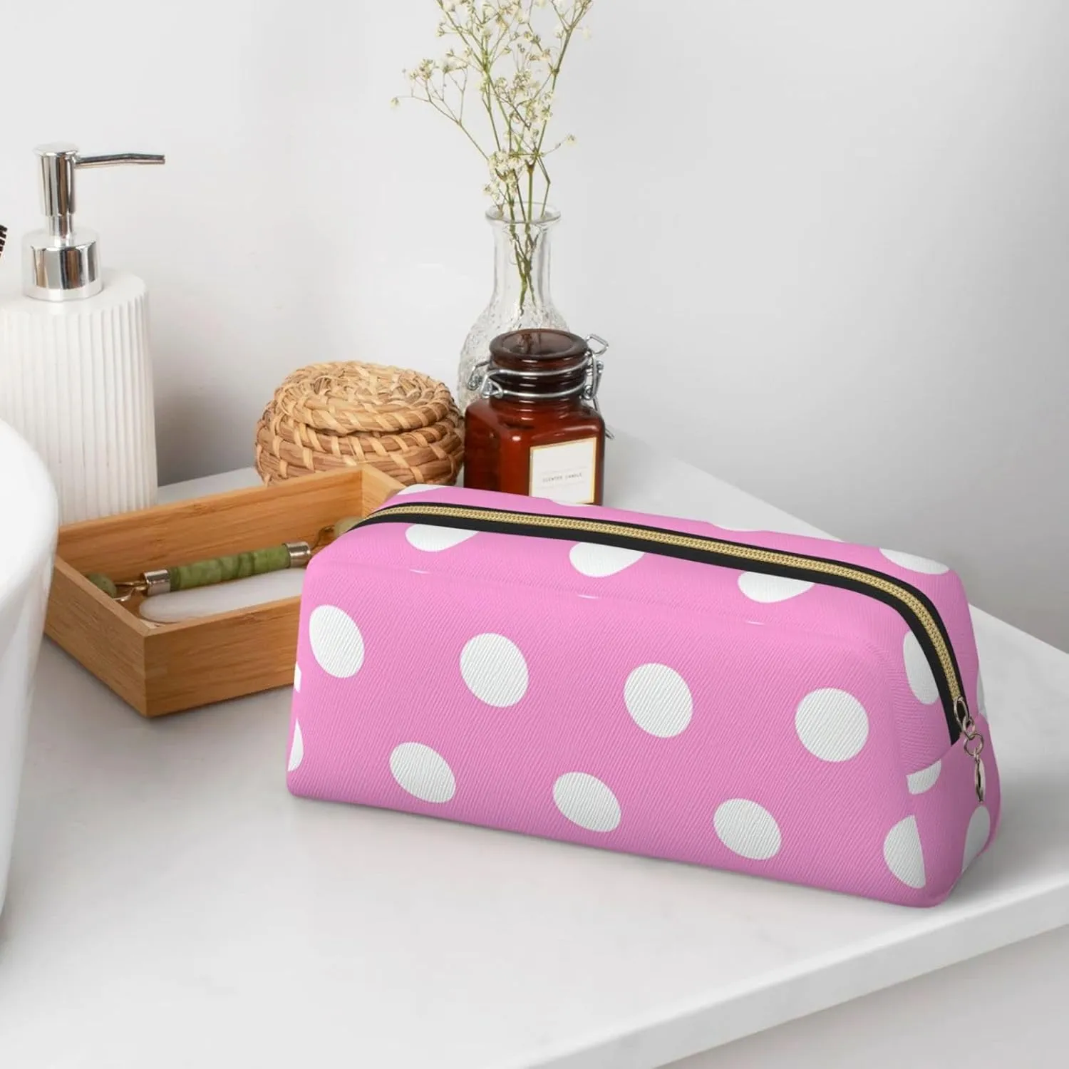 Pink Polka Dots Makeup Bag for Women Men Pencil Pouch Travel Small Cosmetic Bag Zippered Toiletry Bags Aesthetic Pen Bags Leather Coin Pouch Purse