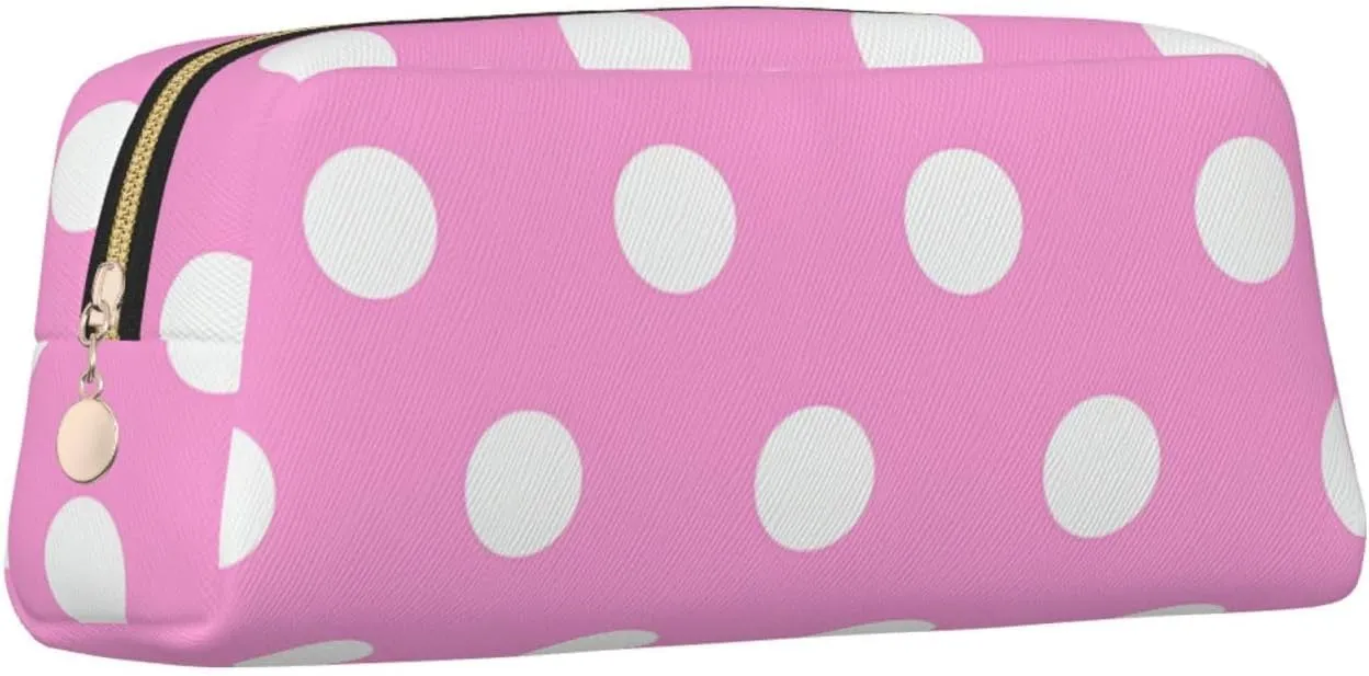 Pink Polka Dots Makeup Bag for Women Men Pencil Pouch Travel Small Cosmetic Bag Zippered Toiletry Bags Aesthetic Pen Bags Leather Coin Pouch Purse