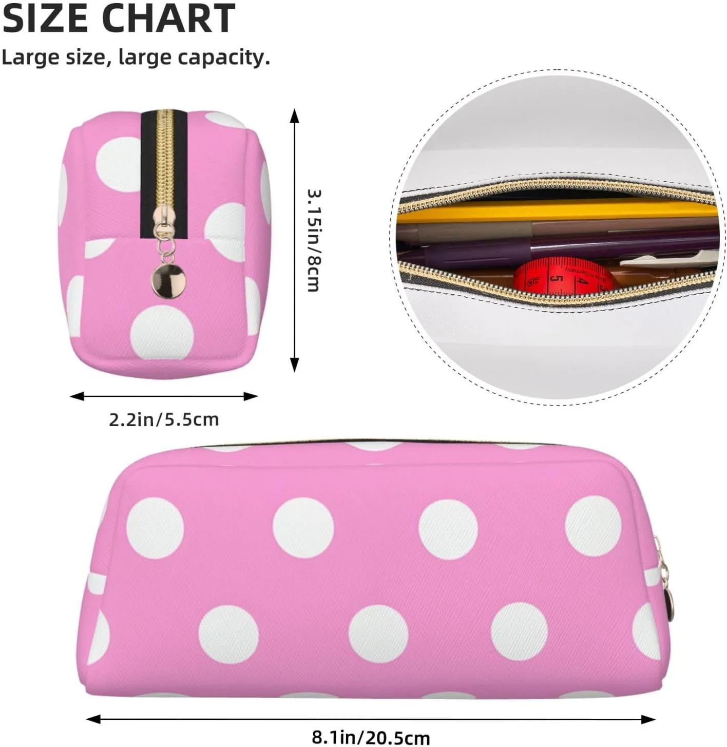 Pink Polka Dots Makeup Bag for Women Men Pencil Pouch Travel Small Cosmetic Bag Zippered Toiletry Bags Aesthetic Pen Bags Leather Coin Pouch Purse