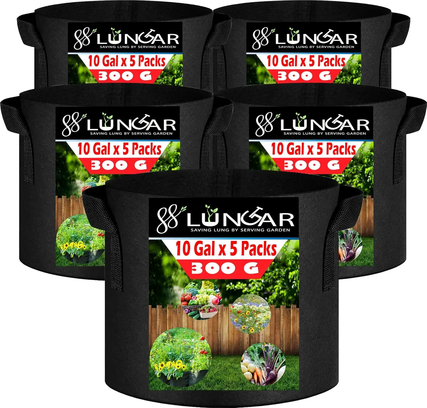 Plant Grow Bags 10 Gallon 5 Packs Planter Pot, Thickest Aeration 300G Non-Woven Fabric, Reinforced Handles for Weatherproof Nursery Pot, Enhanced Double Seam