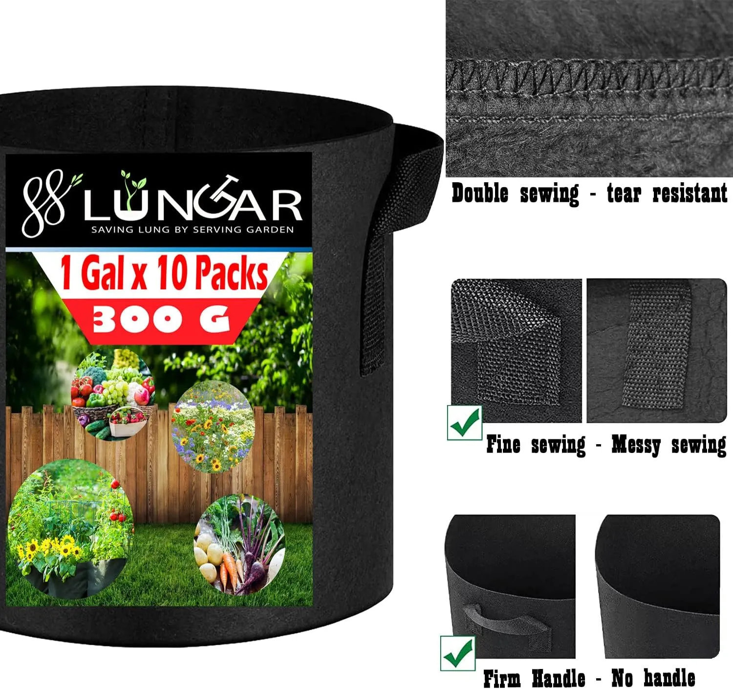 Plant Grow Bags 10 Gallon 5 Packs Planter Pot, Thickest Aeration 300G Non-Woven Fabric, Reinforced Handles for Weatherproof Nursery Pot, Enhanced Double Seam