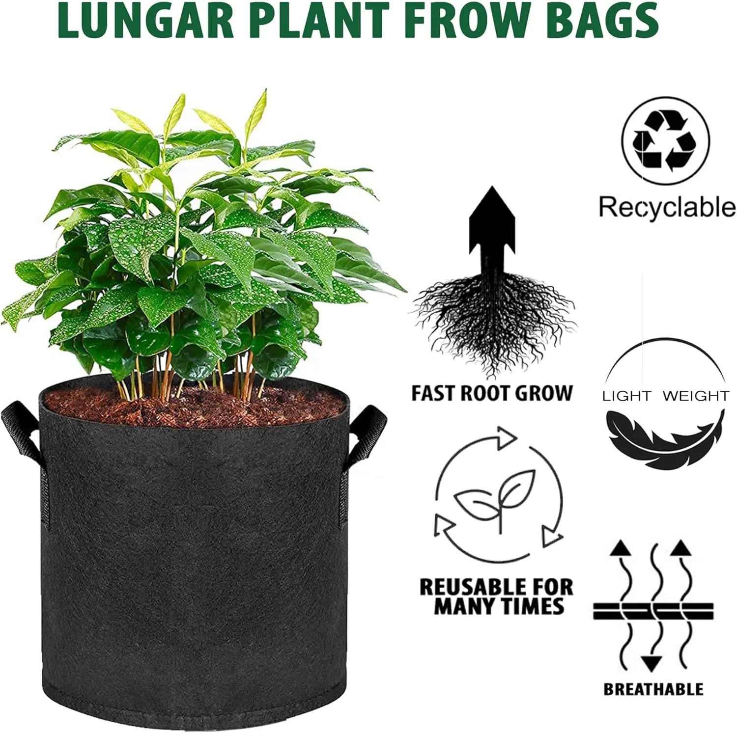 Plant Grow Bags 10 Gallon 5 Packs Planter Pot, Thickest Aeration 300G Non-Woven Fabric, Reinforced Handles for Weatherproof Nursery Pot, Enhanced Double Seam